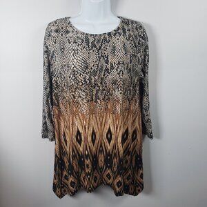 Ruby Rd. 3/4 Sleeve Career Tunic Blouse Brown Blk White Animal Print Small /A209
